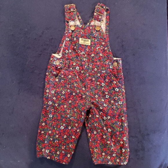 OshKosh B'Gosh Navy Red Floral Corduroy Overalls - Picture 1 of 8